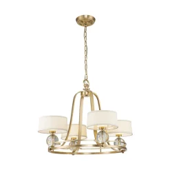 Kroonluchter Gotham, stoffen kap, 4-lamps messing