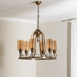 Kroonluchter Jadina, goud antiek, 6-lamps, Ø 62 cm metaal/glas