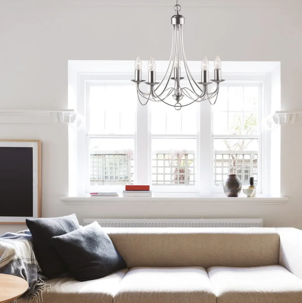 Kroonluchter Maypole satijn zilver, 5-lamps