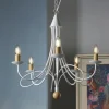 Kroonluchter Milvia, 5-lamps, wit/houtkleur, metaal