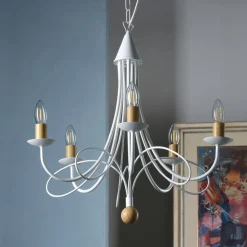 Kroonluchter Milvia, 5-lamps, wit/houtkleur, metaal