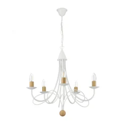 Kroonluchter Milvia, 5-lamps, wit/houtkleur, metaal
