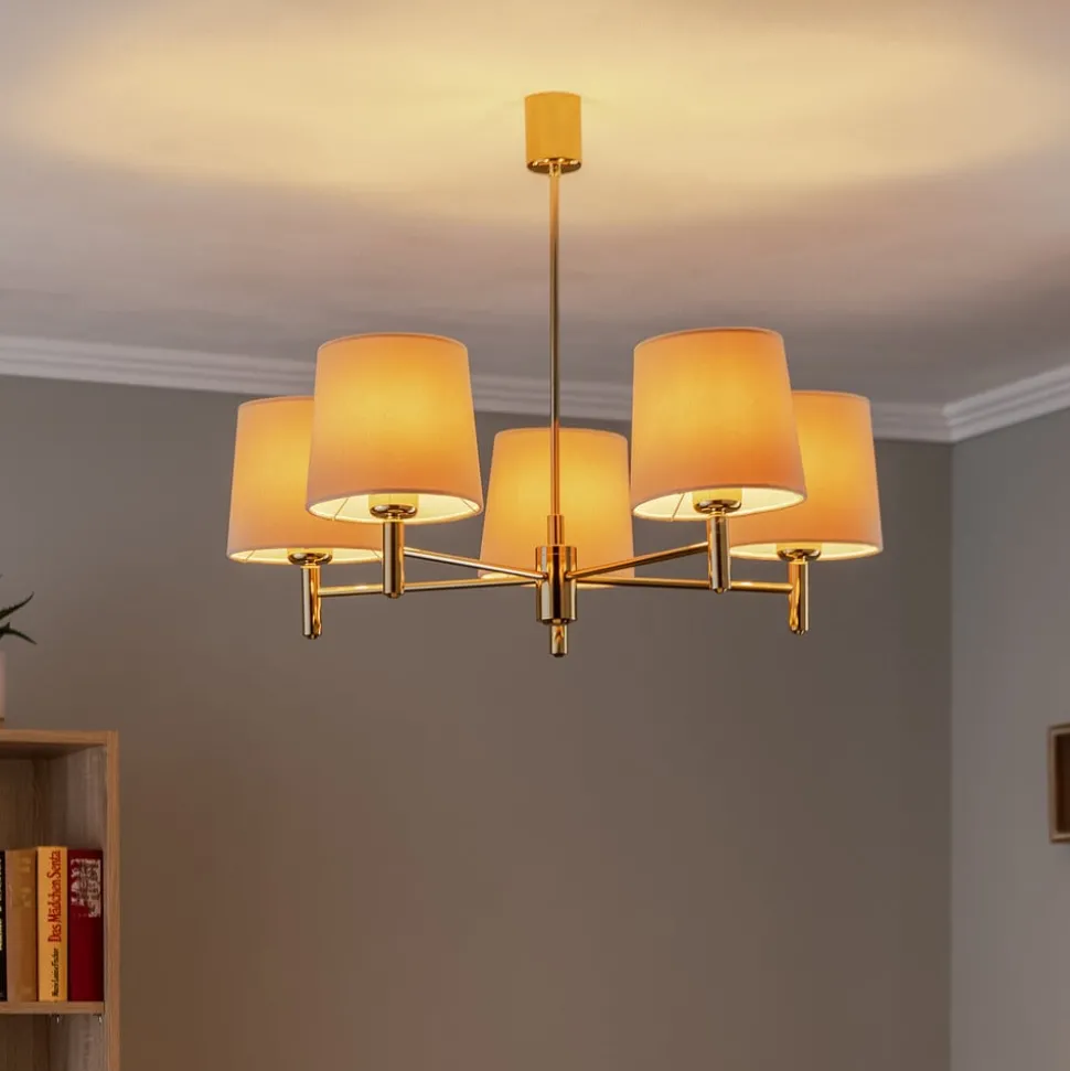 Kroonluchter Polo, 5-lamps, beige/messing donker
