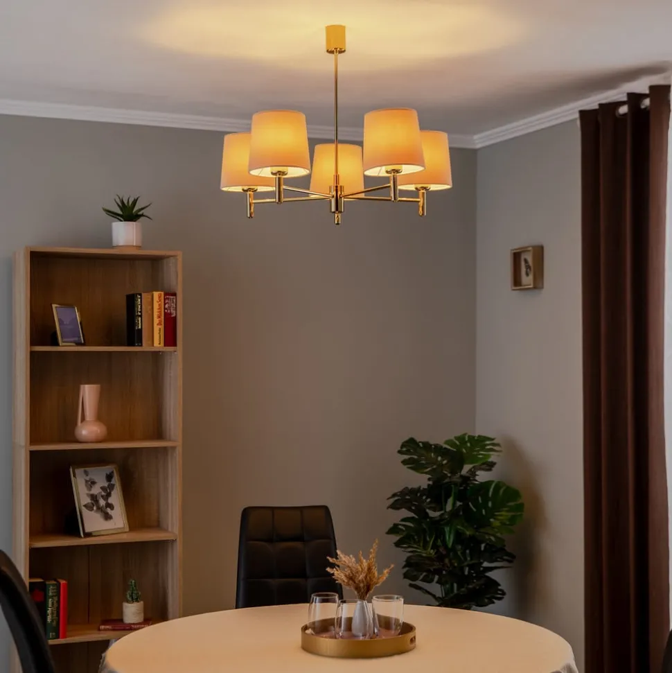 Kroonluchter Polo, 5-lamps, beige/messing donker