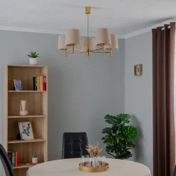 Kroonluchter Polo, 5-lamps, beige/messing donker