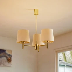 Kroonluchter Polo, 3-lamps, beige/donker messing