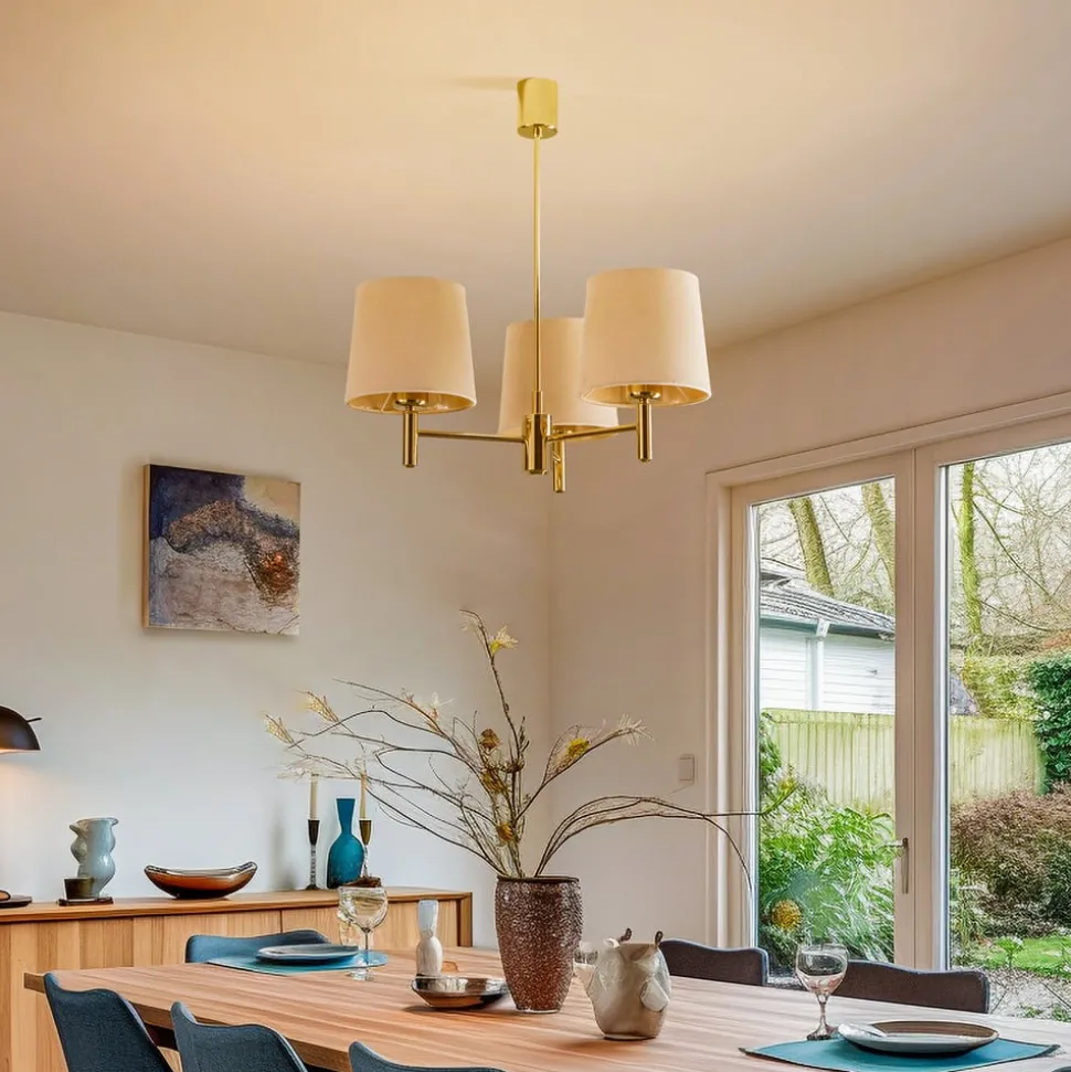 Kroonluchter Polo, 3-lamps, beige/donker messing