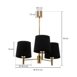 Kroonluchter Polo, 3-lamps, zwart/donker messing