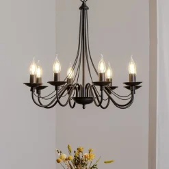 Kroonluchter roze, zwart, 8-lamps, metaal