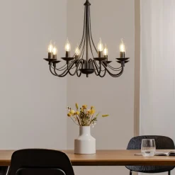 Kroonluchter roze, zwart, 8-lamps, metaal