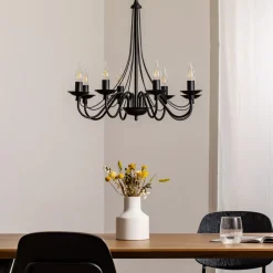 Kroonluchter roze, zwart, 8-lamps, metaal