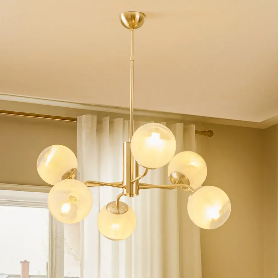 Kroonluchter Santon, messing antiek/wit, 6-lamps