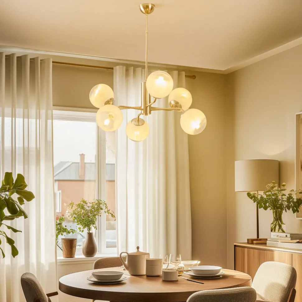 Kroonluchter Santon, messing antiek/wit, 6-lamps