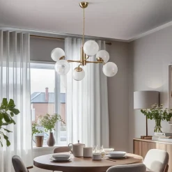 Kroonluchter Santon, messing antiek/wit, 6-lamps