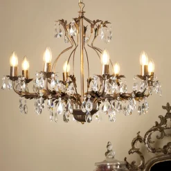 Kroonluchter Teresa, 12-lamps, bronskleurig, kristal