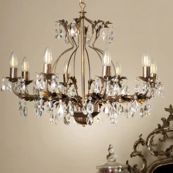 Kroonluchter Teresa, 12-lamps, bronskleurig, kristal