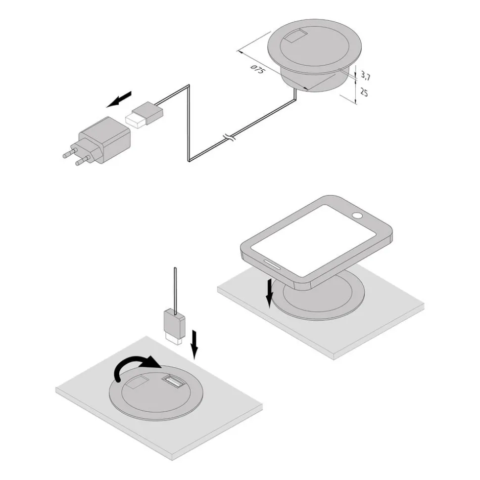 Laadstekker, rond, zwart, Qi en 1x USB