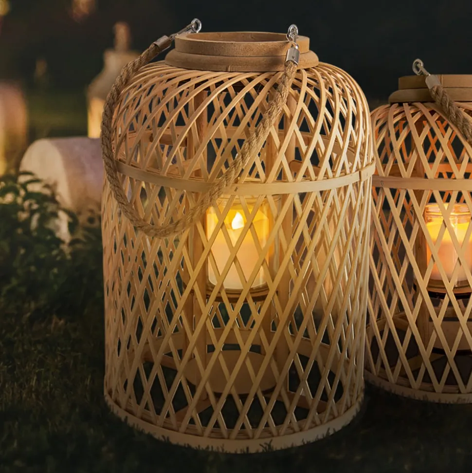 Lampionmand LED op zonne-energie, bamboe, hoogte 38 cm, naturel