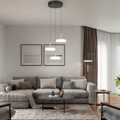 LED hanglamp Celeste, wit/bruin, Ø 35 cm 3-lamps glas dimbaar