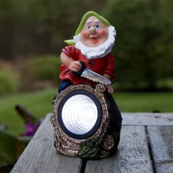 LED lamp op zonne-energie Gnomy kleurrijk/rood plastic 21 cm houthakker