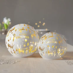 LED lichtbol Vrolijk kerstfeest Ø 12cm wit glas op batterijen