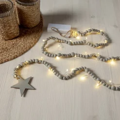 LED lichtketting Beady, grijs, houten kralen, 150 cm, batterij