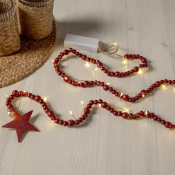 LED lichtketting Beady, rood, houten kralen, 150 cm, batterij