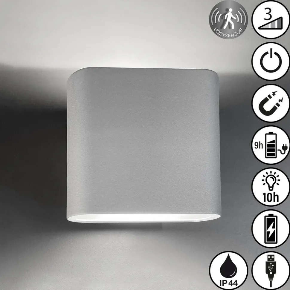 LED oplaadbare wandlamp Magnetics, zilver, omhoog & omlaag, breedte 10 cm