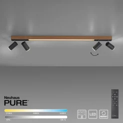 LED plafondlamp PURE Lines, 120 cm, zwart, hout, afstandsbediening