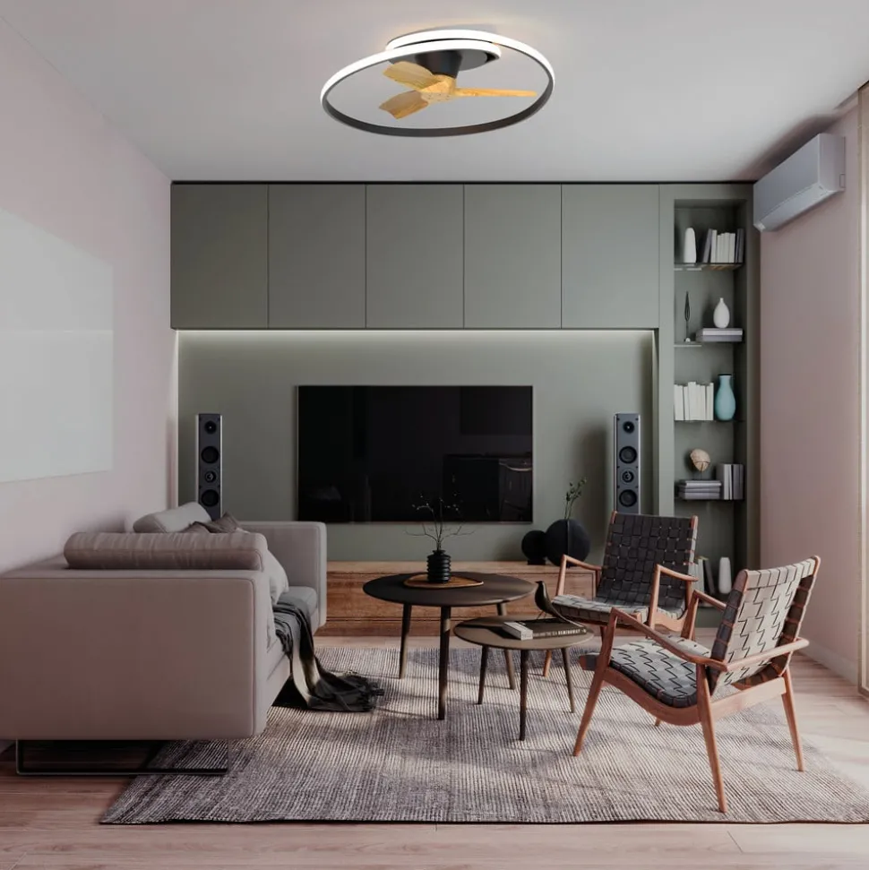 LED plafondventilator Ocean zwart/hout DC stil Ø 78 cm CCT