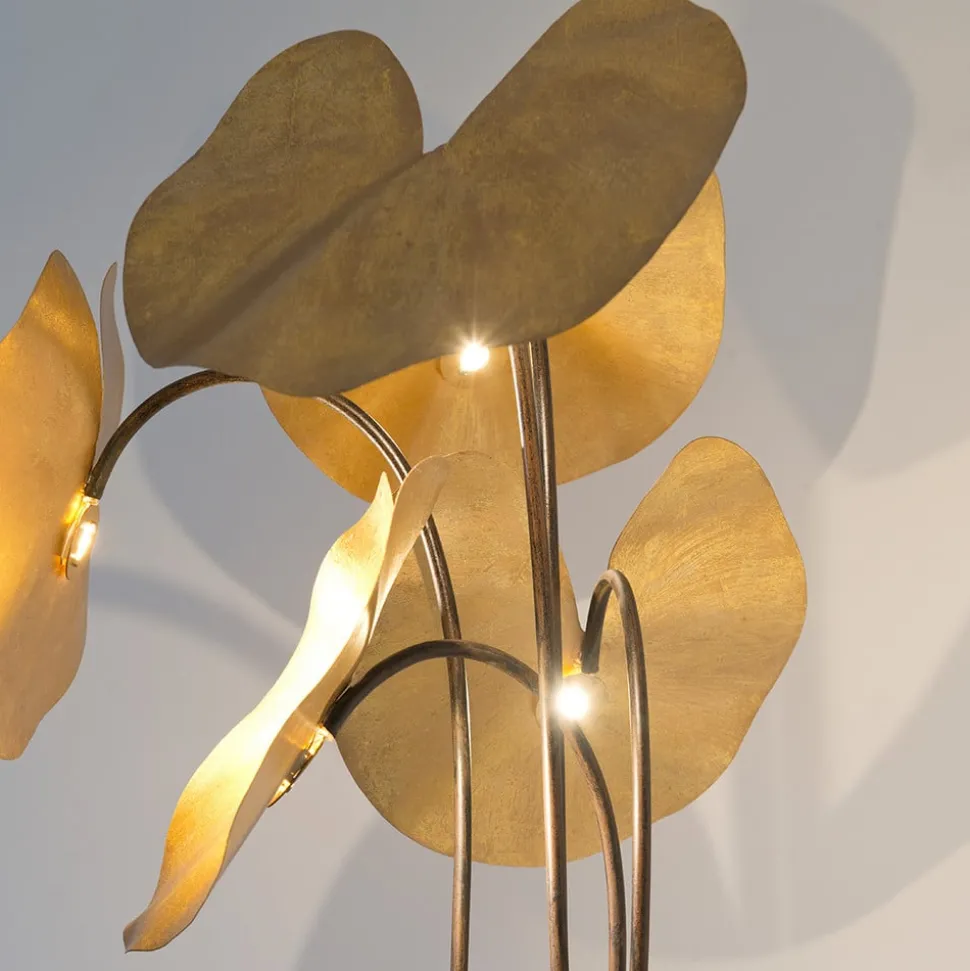 LED vloerlamp Controversia, gouden lampenkap