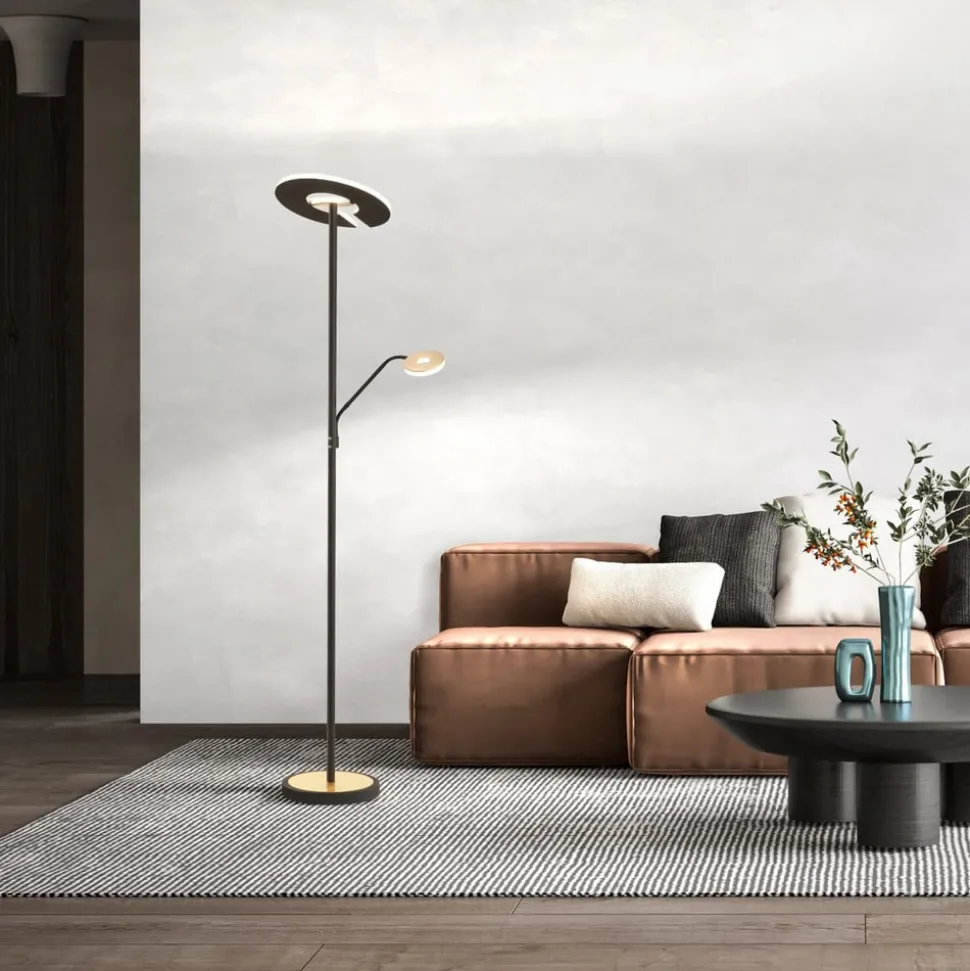 LED vloerlamp Dent, zwart/goud blad, 180 cm, CCT, 2-lamps.