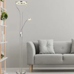 LED vloerlamp Ebro, hoogte 194 cm, nikkelkleurig, 2-lamps.