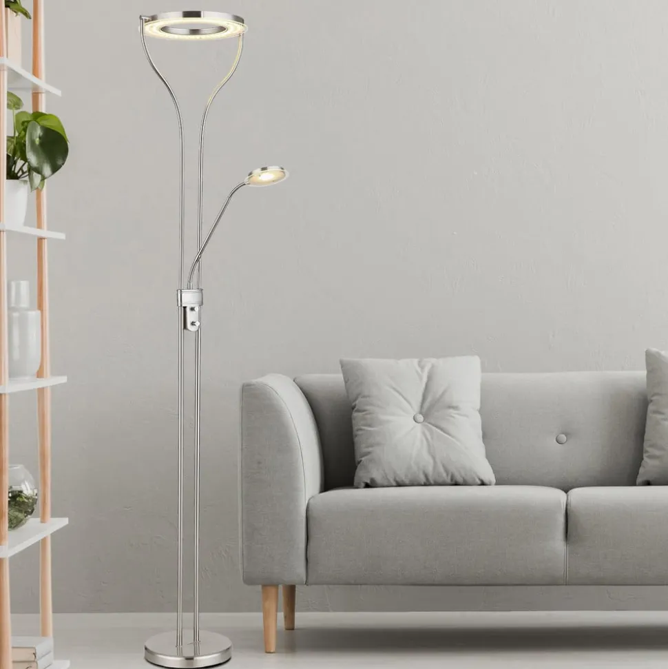 LED vloerlamp Ebro, hoogte 194 cm, nikkelkleurig, 2-lamps.