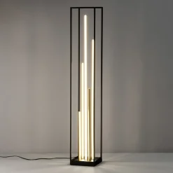 LED vloerlamp Grid, zwart/goud, metaal, CCT, dimbaar