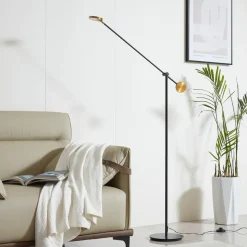 LED vloerlamp Lucande, Adomas, zwart/goud, ijzer, dimbaar