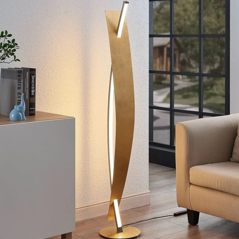 LED vloerlamp Marija, goudkleurig, dimbaar, 140 cm