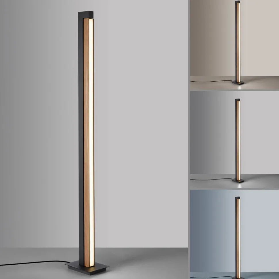 LED vloerlamp PURE Lines, zwart, hout, afstandsbediening, 140 cm