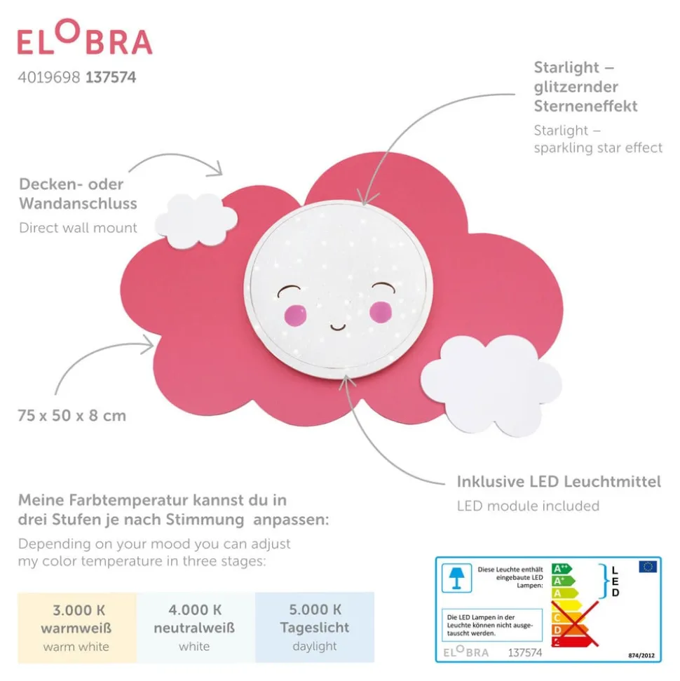 LED wandlamp beeldwolk Starlight Smile, roze