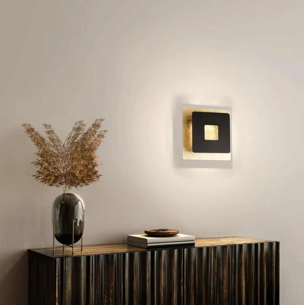 LED wandlamp Hennes, 18x18cm, bladgoud/zwart