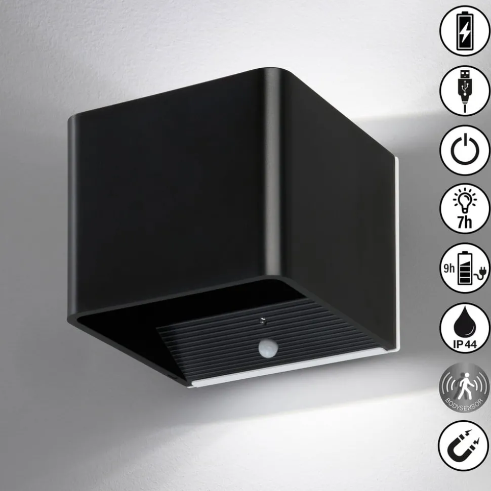 LED wandlamp Magnetics, zwart, USB, bewegingsmelder