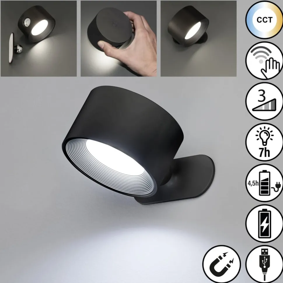 LED wandlamp op accu Magnetics, zwart, CCT, met magneet