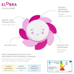 LED wandlamp Sun Starlight Smile, roze