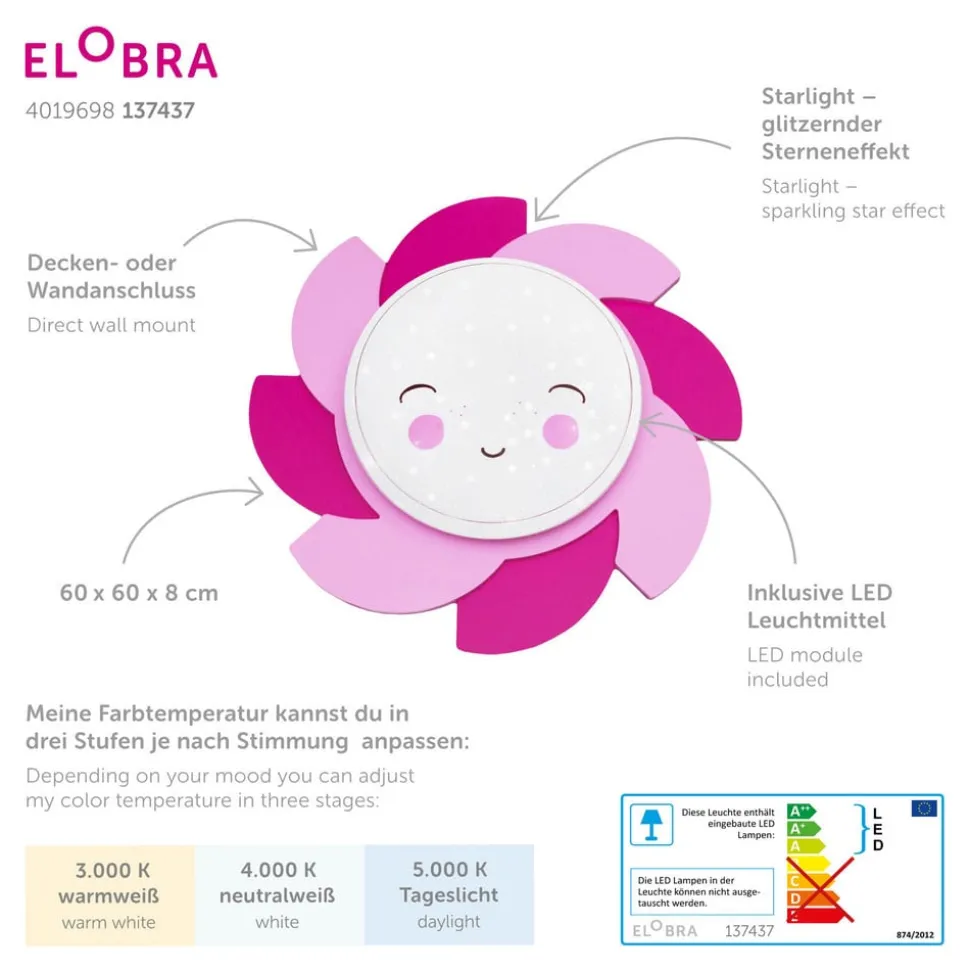 LED wandlamp Sun Starlight Smile, roze