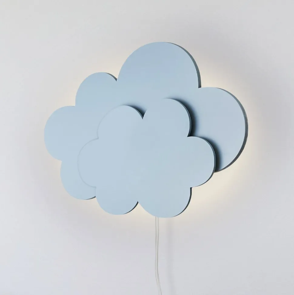 LED wandlamp Wölkchen met stekker, blauw, hout, dimbaar