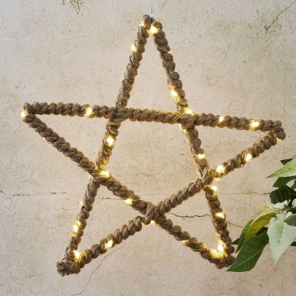 LED-decoratie ster Jutta, met jutetouw omwikkeld