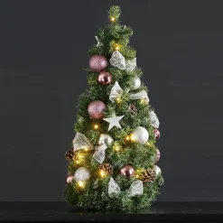 LED-sparrenkegel Noel + zilver-/roze decoratie