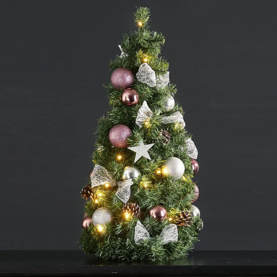 LED-sparrenkegel Noel + zilver-/roze decoratie