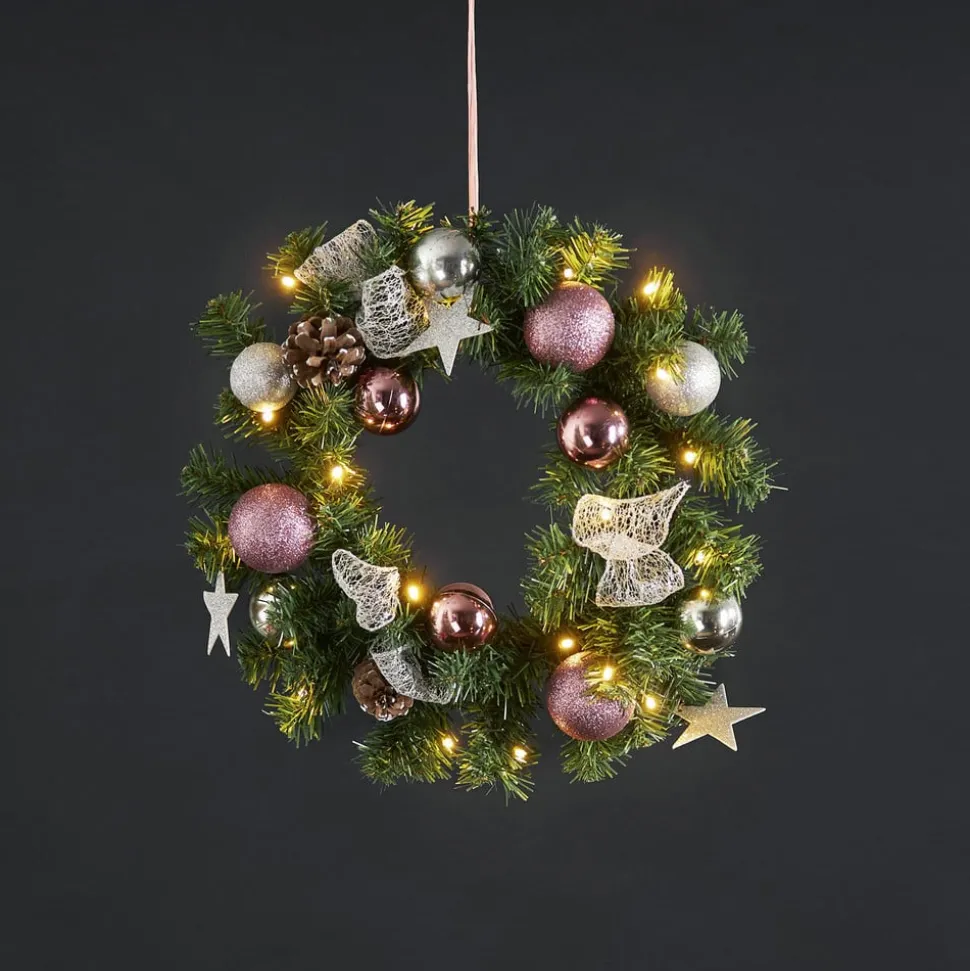 LED-sparrenkrans Noel + zilver-/roze decoratie