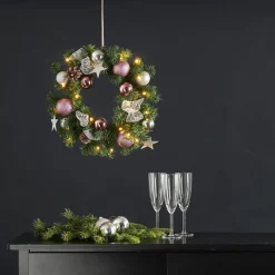 LED-sparrenkrans Noel + zilver-/roze decoratie
